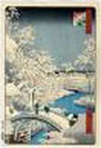 Meguro Taiko Bashi Yuhi Ga Oka. Le Pont De Taiko Sous La Neige, Colline Au Crepuscule Oil Painting by Utagawa or Ando Hiroshige