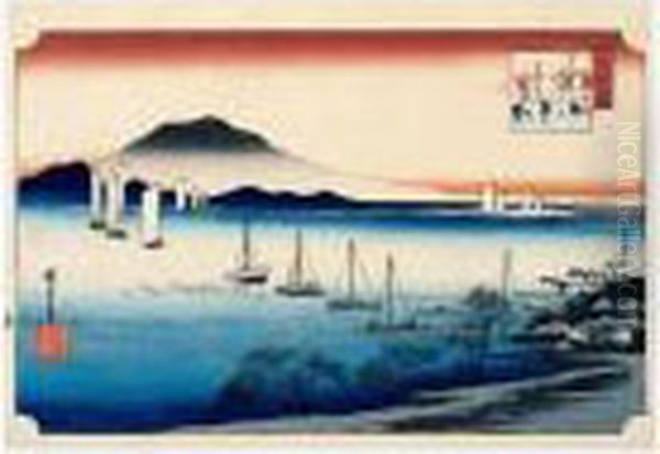 Yabase No Kihan. Le Retour Des Bateaux A Yabase Oil Painting by Utagawa or Ando Hiroshige