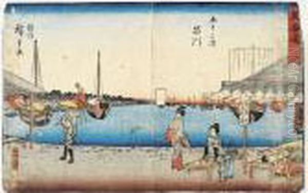 Shinagawa, Goju San Tsugi No Uchi. Shinagawa, Le Second Relais Sur La Route Du Tokaido. Oil Painting by Utagawa or Ando Hiroshige