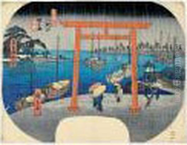 Tokaido Bishu Atsuta Kaihin No 
Zu. Yau. Pluie Sur La Plage D'atsuta (province D'owari) Sur La Route Du 
Tokaido Oil Painting by Utagawa or Ando Hiroshige