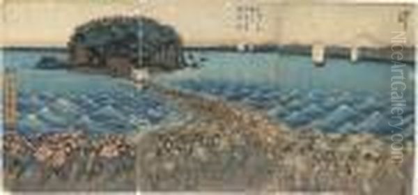 Soshu Enoshima Benzaiten Kaicho Sankei Gunshu No Zu Oil Painting by Utagawa or Ando Hiroshige