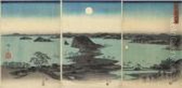 Buyo Kanazawa Hassho Yakei (evening Vista Of The Eight Views Of Kanazawa) Oil Painting by Utagawa or Ando Hiroshige