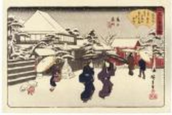 Back Gate Of Kameido Shrine, Tamaya Restaurant Oil Painting by Utagawa or Ando Hiroshige