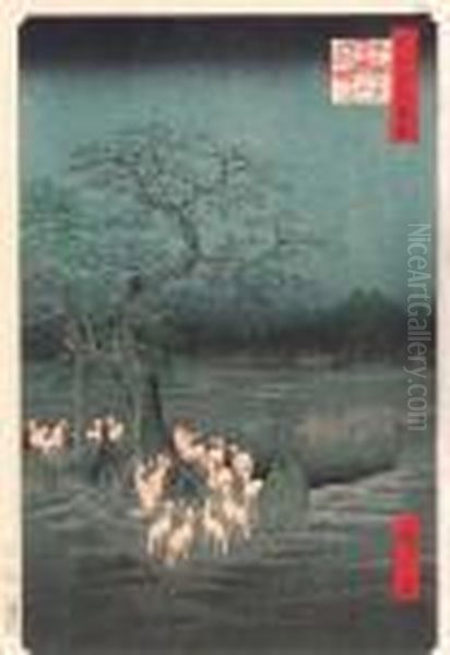 Oji Shozoku-enoki Omisoka No Kitsunebi Oil Painting by Utagawa or Ando Hiroshige