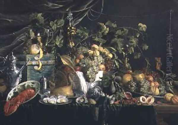 Still-life with fruit a pheasant pie and a lobster Oil Painting by Wouter Mertens