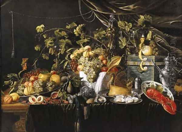 Grapes, pears, quinces, peaches, prawns, oysters and a pastry on pewter plates Oil Painting by Wouter Mertens