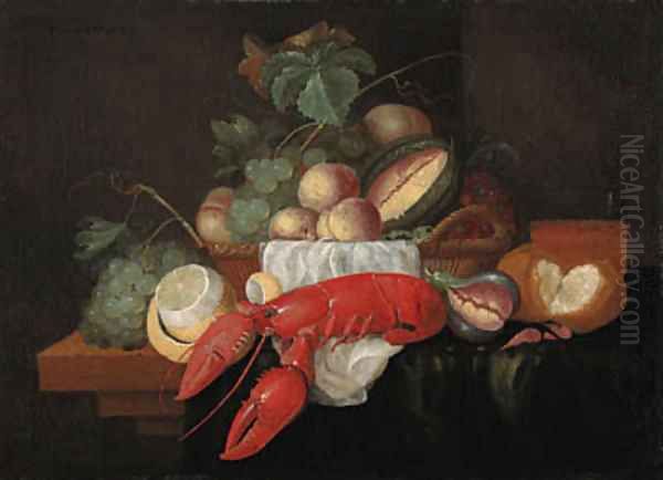 Peaches, grapes and other fruit in a basket, a partly peeled lemon, a crayfish and other objects on a partly draped ledge Oil Painting by Wouter Mertens