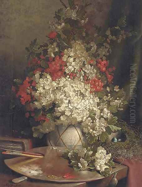 The artist's palette, with a still life of May blossom in a vase, a book and a bird's nest beyond Oil Painting by John Fitz Marshall