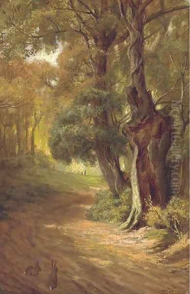 Bunnies on a woodland track Oil Painting by John Fitz Marshall