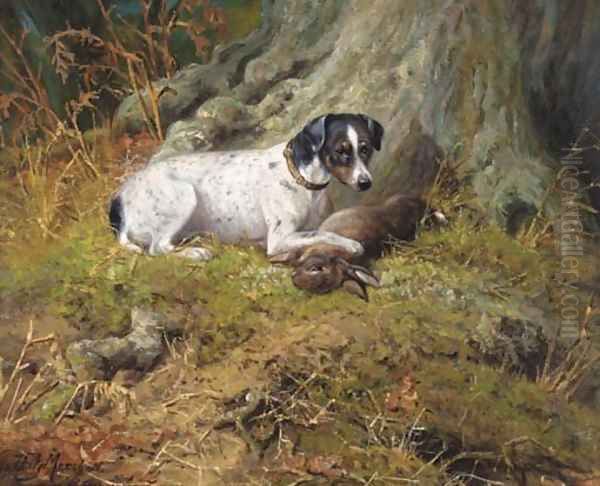 A terrier with a hare Oil Painting by John Fitz Marshall