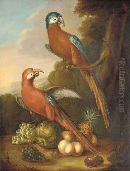 Two parrots, grapes, peaches, figs, a melon and a pineapple in a wooded landscape Oil Painting by Herman van der Myn