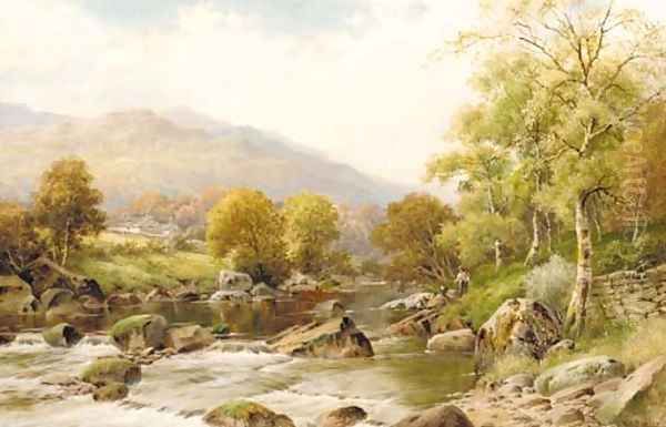 Boys fishing on the Lledr Oil Painting by William Henry Mander