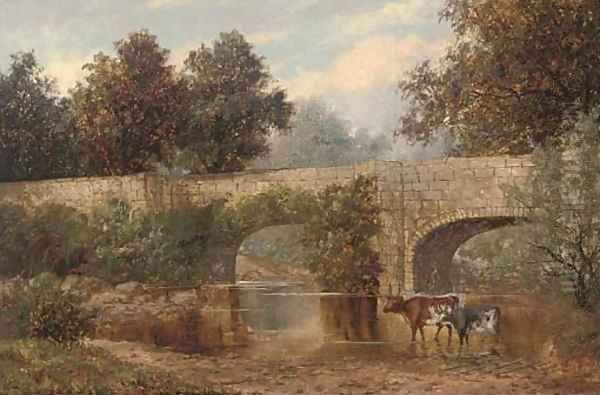 Cattle watering beneath a bridge Oil Painting by William Henry Mander