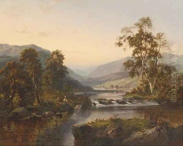 Figures by a river in a mountainous landscape Oil Painting by William Henry Mander