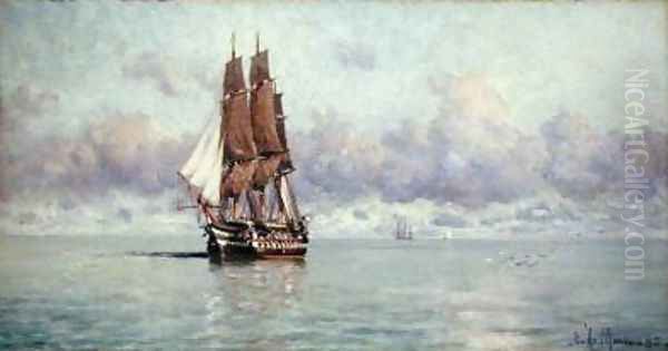 A Man-O-War Becalmed 1885 Oil Painting by Eduardo de Martino