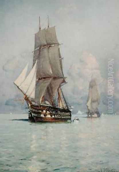 A Squadron o Sail Coming to Anchor Oil Painting by Eduardo de Martino