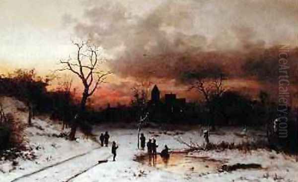 Skating at Sunset Sunset and Skaters 1883 Oil Painting by Ludwig Munthe