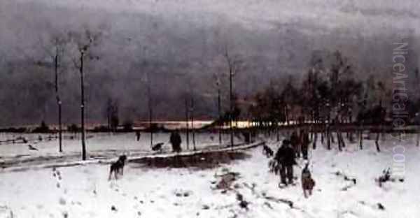 Hunters with their dogs in a Winter Landscape at Sunset 1873 Oil Painting by Ludwig Munthe