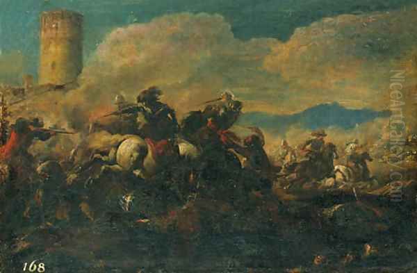 A Cavalry battle near a tower Oil Painting by Francesco Monti