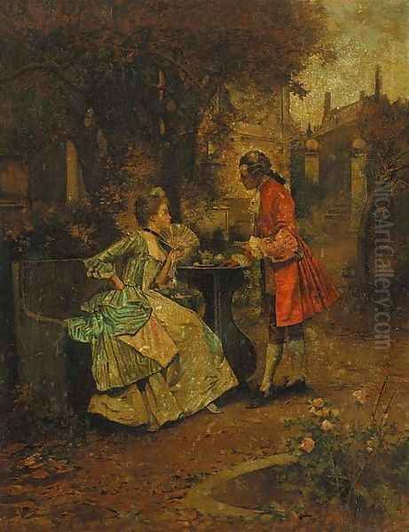 An Elegant Couple Having Tea in a Landscape Oil Painting by Edward Percy Moran