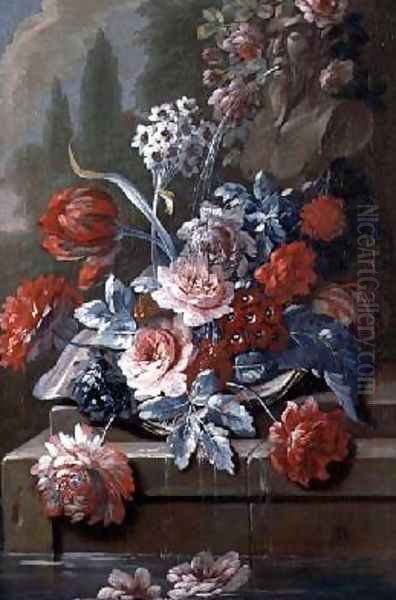 Still Life of Flowers by a Fountain Oil Painting by Mary Moser