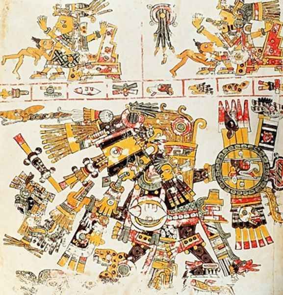 Facsimile copy of a page of the Borgia codex depicting The black Tezcatlipoca Oil Painting by Mixtec