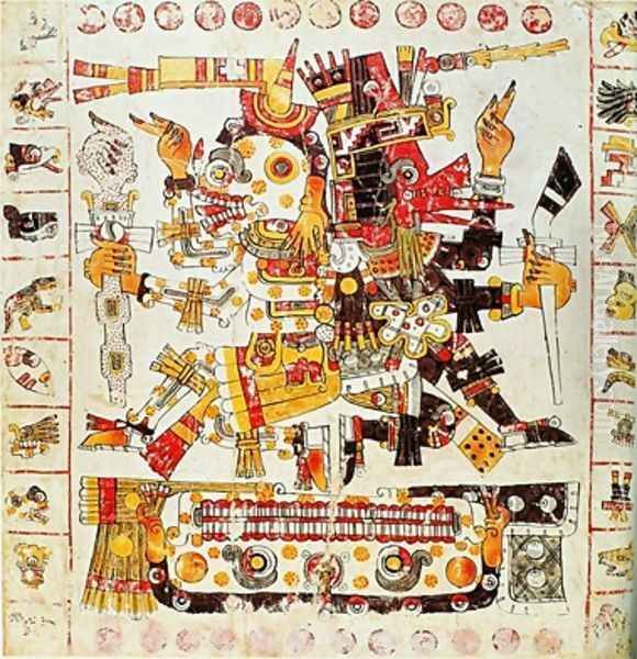 Facsimile copy of a page of the Borgia codex depicting Death and Life gods placed side by side Oil Painting by Mixtec