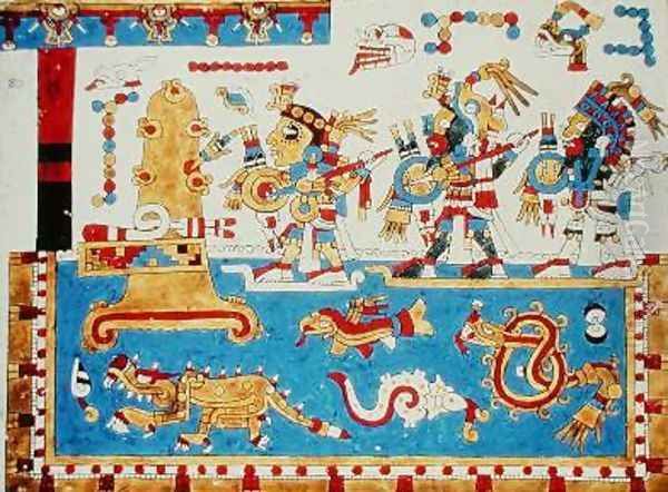 Warrior Leaders Canoe on a Lake Inhabited by Monster Fish in Order to Capture an Island Oil Painting by Mixtec