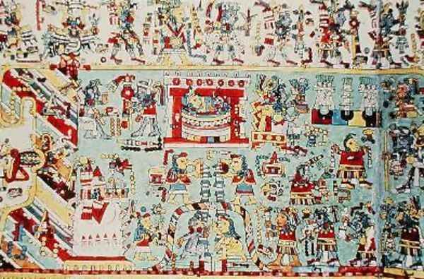 Wedding of Woman Three-Flint to Twelve-Wind illumination from a Mexican painted book Oil Painting by Mixtec