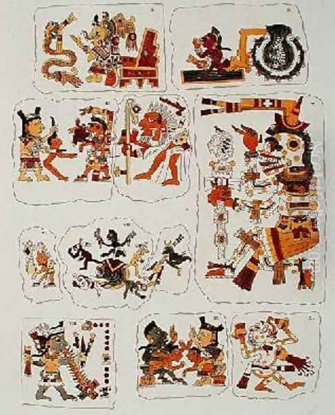 Facsimile copy of a page of the Borgia codexe depicting different scenes Oil Painting by Mixtec