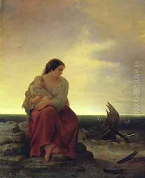 Fishermans Wife Mourning on the Beach Oil Painting by Julius Muhr