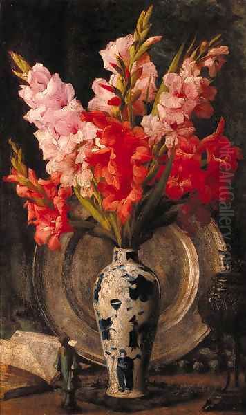 A figurine, a book, a pewter salver and a vase of gladioli on a table Oil Painting by Richard Willes Maddox