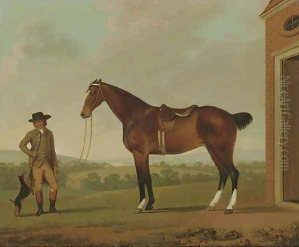 A Groom holding a Saddled Hunter outside a Stable with a Terrier Oil Painting by James Millar