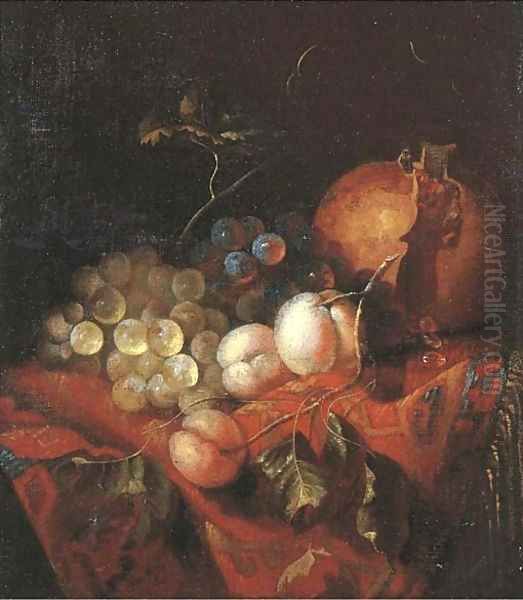 A pomegranate, grapes and peaches on a draped table Oil Painting by Barend or Bernardus van der Meer