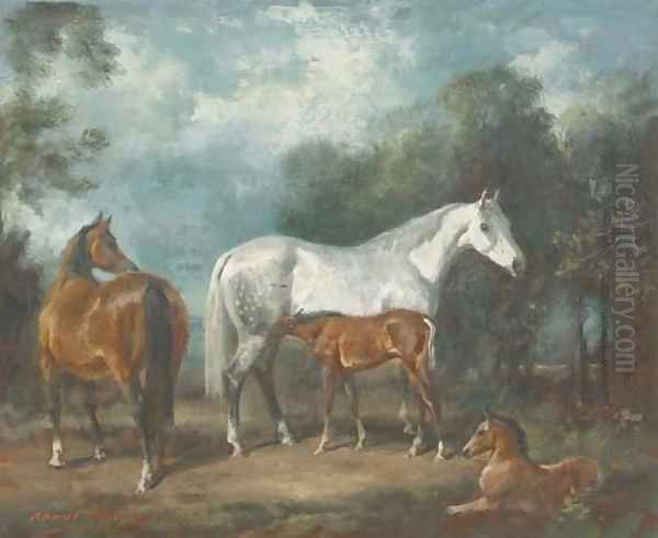 Mares and foals in a paddock Oil Painting by H. Raoul Millais