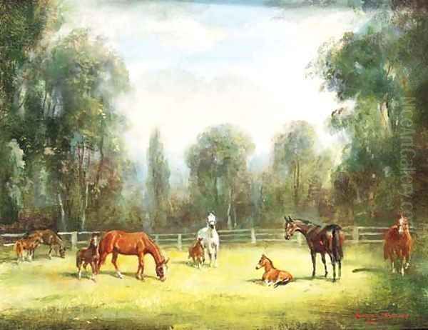 Mares and Foals grazing in a Paddock Oil Painting by H. Raoul Millais