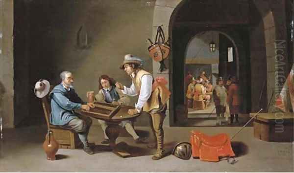 Officers and peasants playing backgammon and other games in a guardroom Oil Painting by Cornelis Mahu