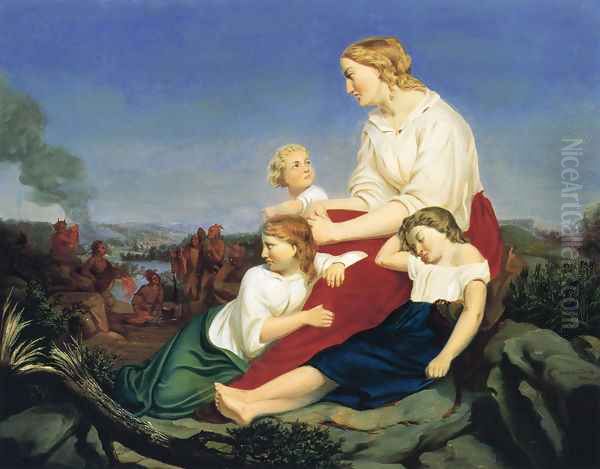 Woman and Children, with Indian Massacre in the Background Oil Painting by Trevor McClurg