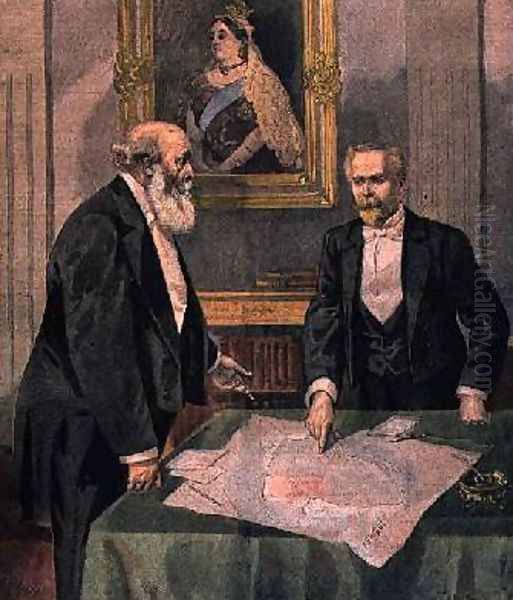 Anglo French Convention signed in London by Paul Cambon 1843-1924 the French Ambassador and Lord Salisbury 1830-1904 the British Prime Minister from Le Petit Journal 9th April 1899 Oil Painting by Tofani, Oswaldo Meaulle, F.L. &