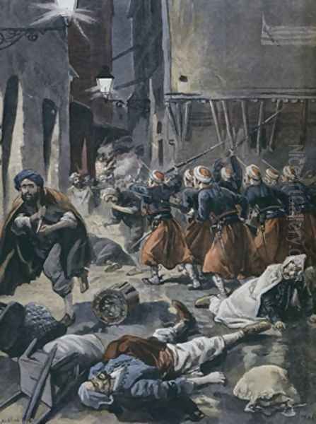 Violent antisemitic riots in Algiers illustration from Le Petit Journal February 1898 Oil Painting by Tofani, Oswaldo Meaulle, F.L. &