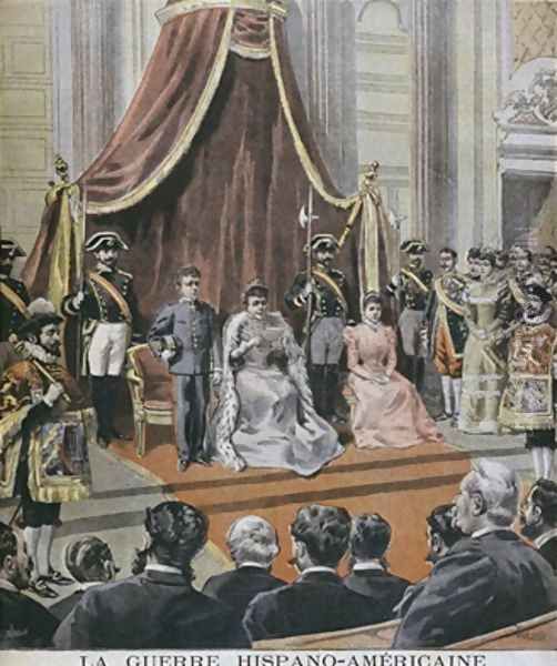 Spanish American war in Spain the Queen reading her message to the Cortes Madrid illustration from Le Petit Journal Supplement illustre 8th May 1898 Oil Painting by Tofani, Oswaldo Meaulle, F.L. &