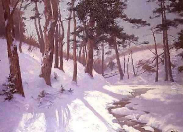 Winter woodland with a stream Oil Painting by James MacLaren