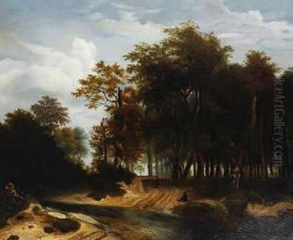 Travellers On A Country Path In A Wooded Landscape Oil Painting by Meindert Hobbema