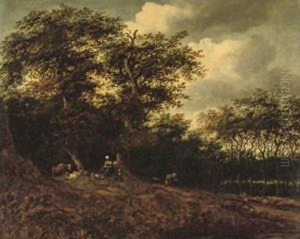 A Wooded River Landscape With A Shepherdess Resting With Hercattle Signed 'mhobbema' Oil Painting by Meindert Hobbema