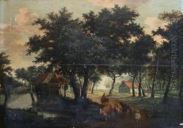 Troupeaude Vaches Sur Un Chemin Au Bord De La Riviere Oil Painting by Meindert Hobbema