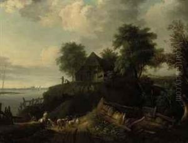 A River Landscape With A Herder 
On A Horse And Cattle On A Track,figures By A Cottage Beyond Oil Painting by Meindert Hobbema