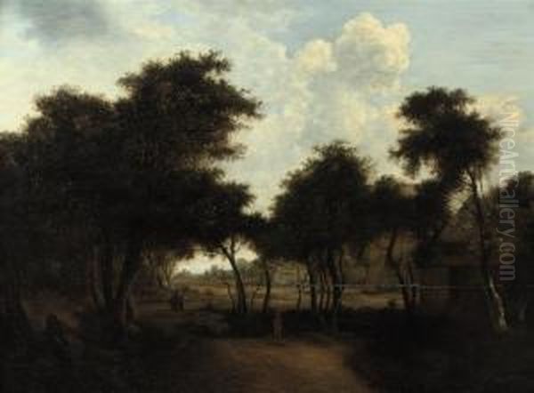 A Wooded Landscape With Travellers On A Path Oil Painting by Meindert Hobbema