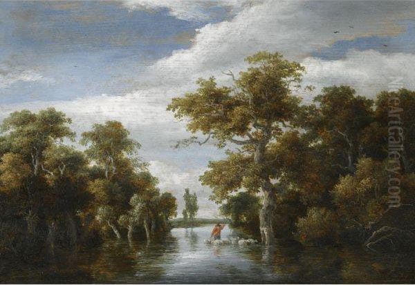 A Wooded Landscape With A Shepherd And His Flock Crossing Ariver Oil Painting by Meindert Hobbema