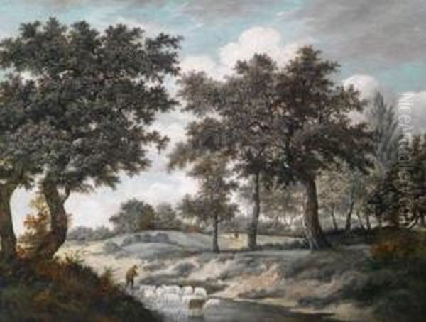 Ein Schafer Trankt Seineherde In Einer Furt Oil Painting by Meindert Hobbema