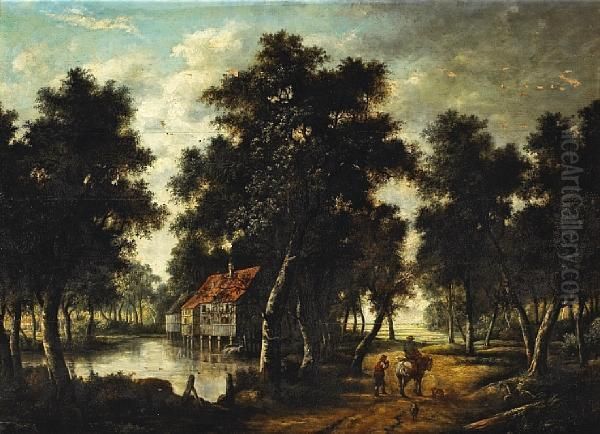 The Watermill Oil Painting by Meindert Hobbema